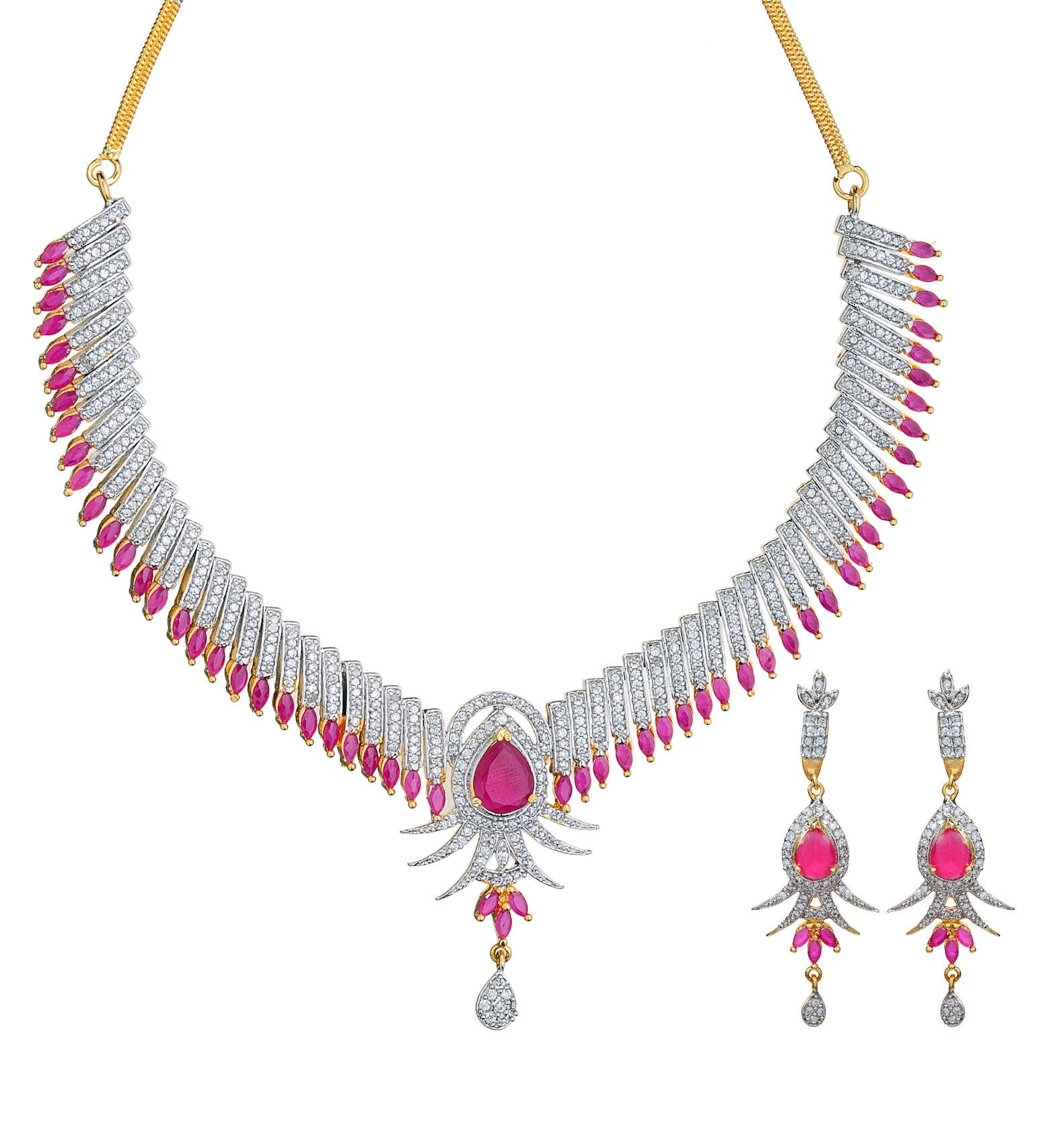 White & Magenta Stone Necklace Set