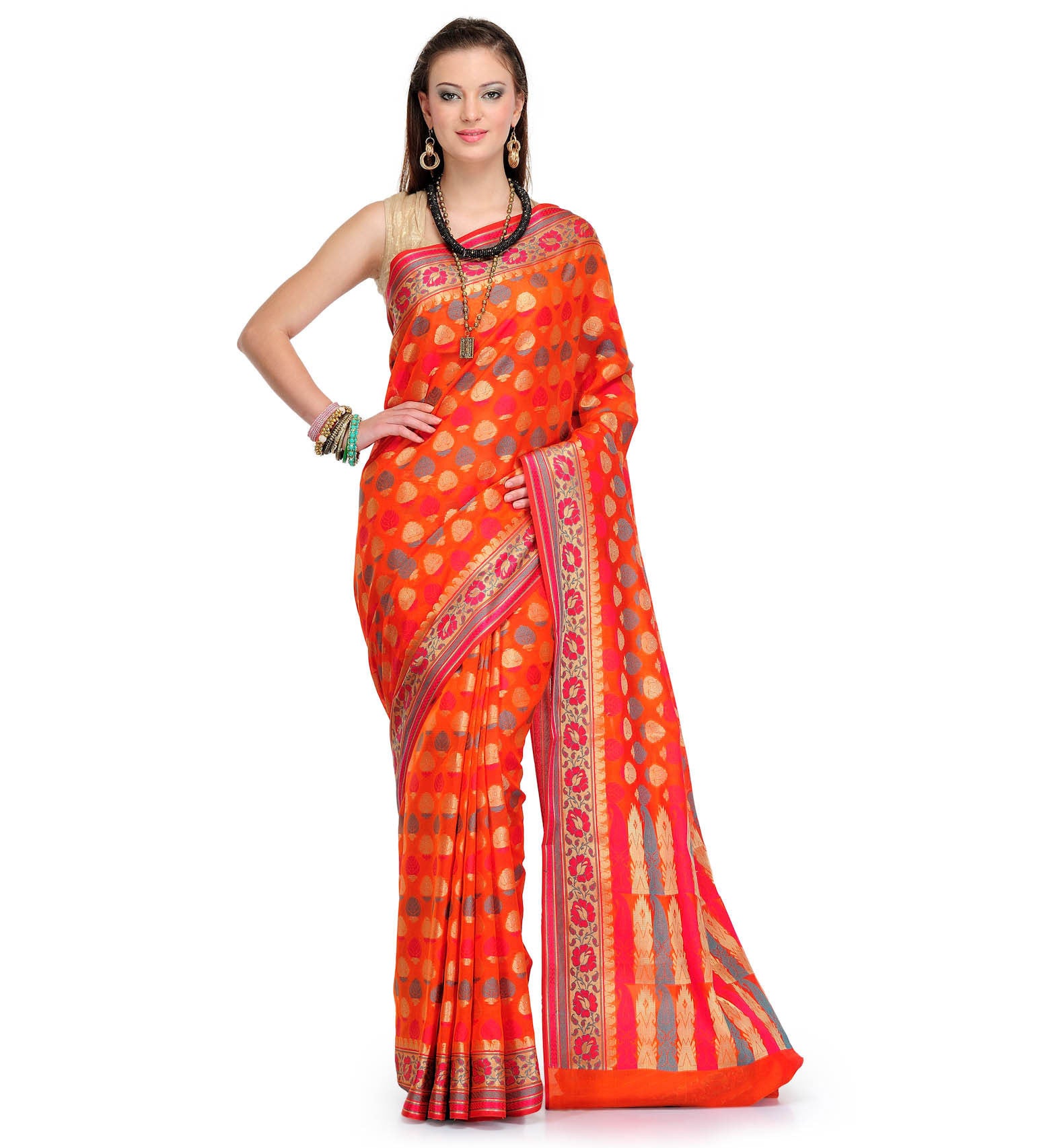 Orange Cotton Silk Saree