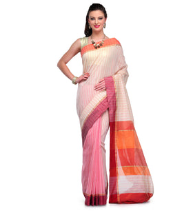 Beige & Pink Chanderi Cotton Banarasi Saree