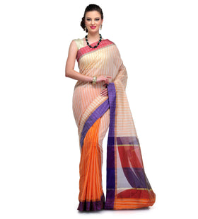 Beige & Orange Chanderi Cotton Banarasi Saree