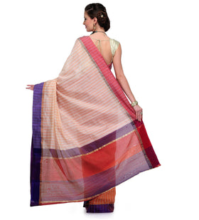 Beige & Orange Chanderi Cotton Banarasi Saree