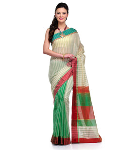 Beige & Green Chanderi Cotton Banarasi Saree