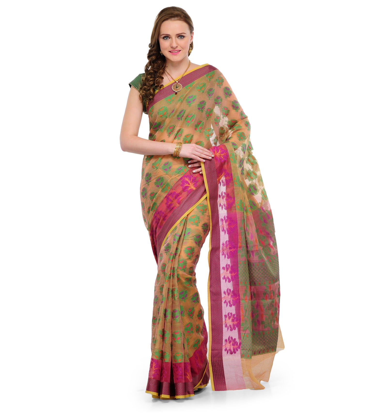 Light Peach Kota Cotton Banarasi Saree