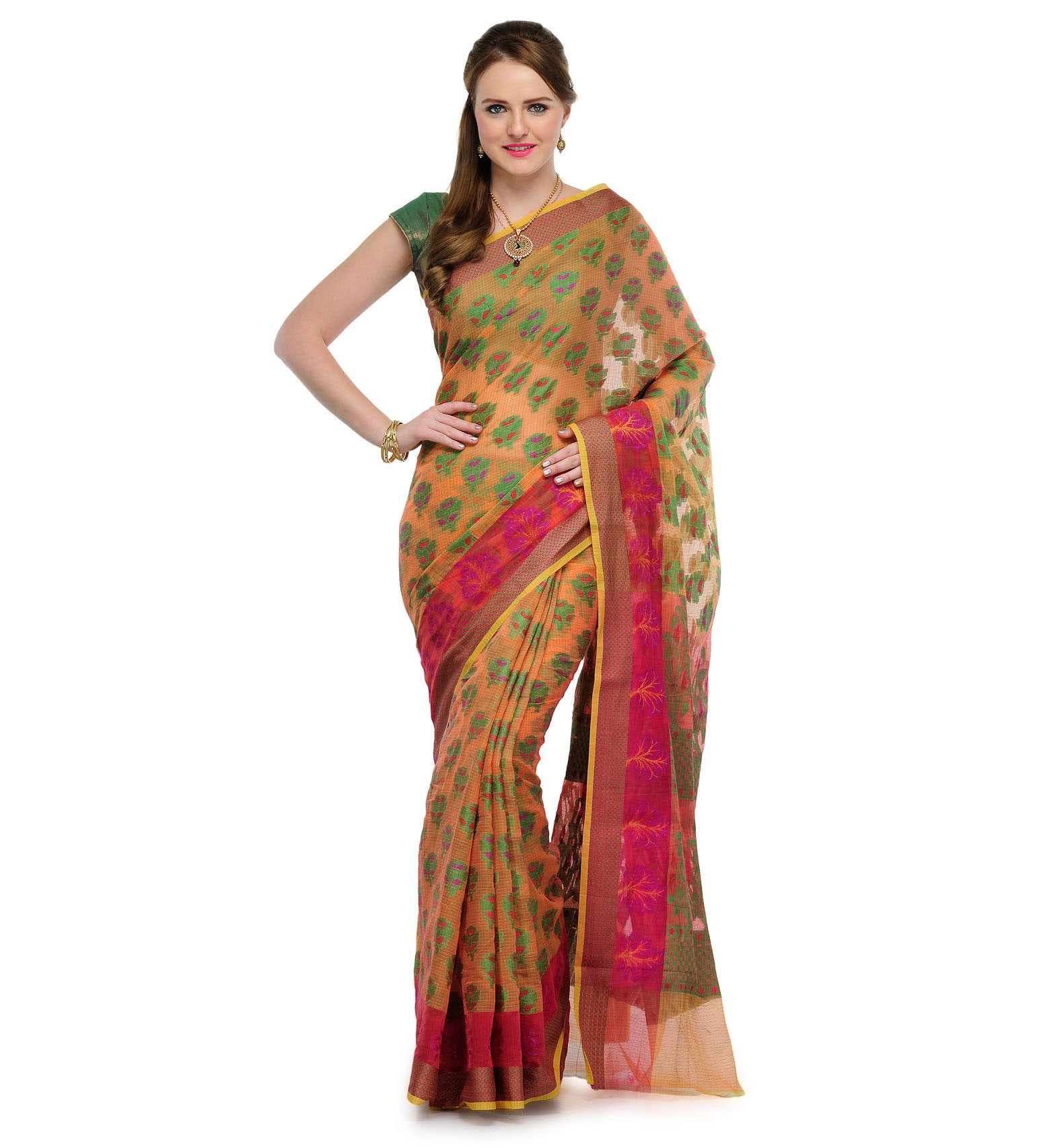 Peach Kota Cotton Banarasi Saree