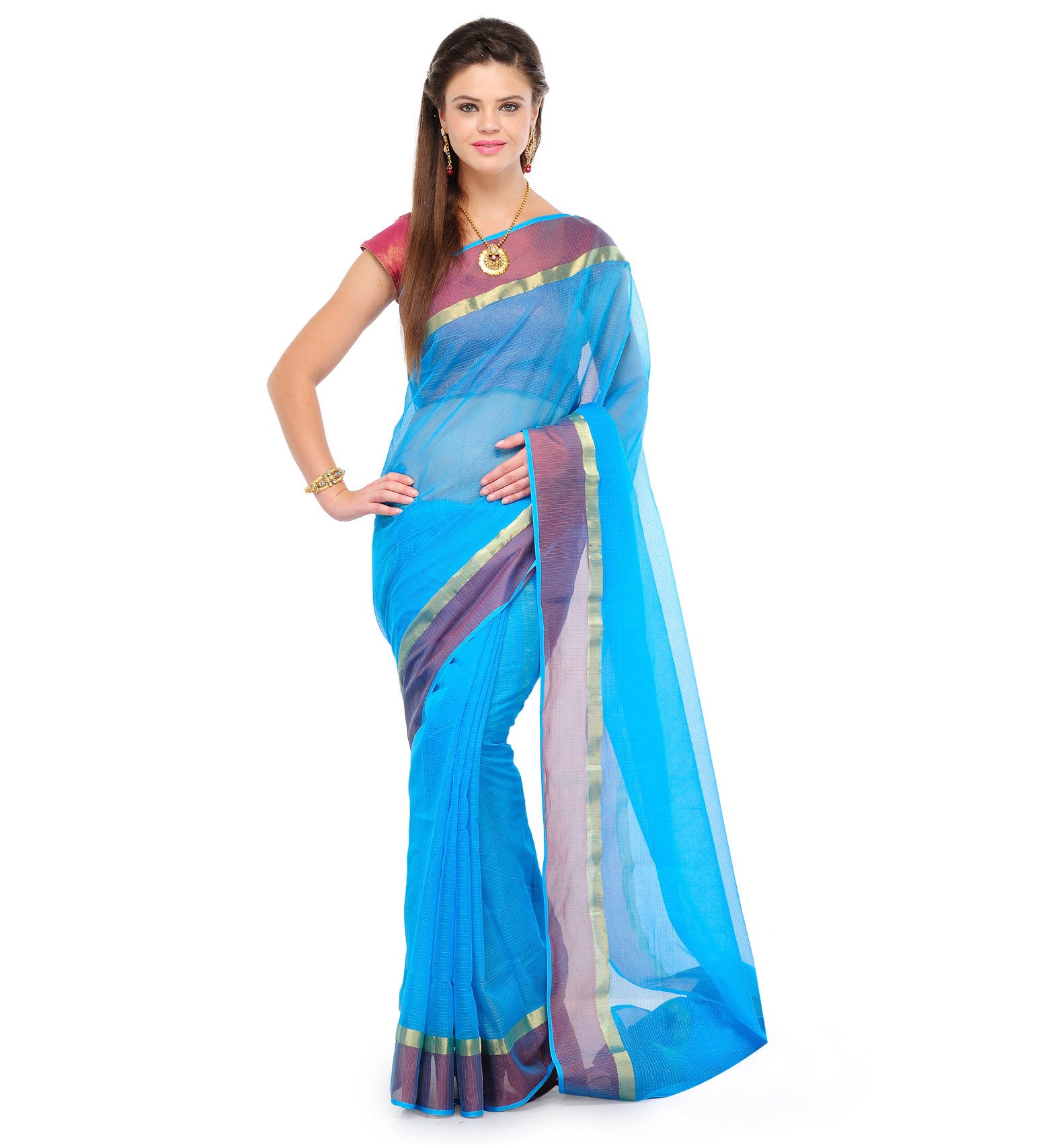 Turquoise Kota Cotton Banarasi Saree