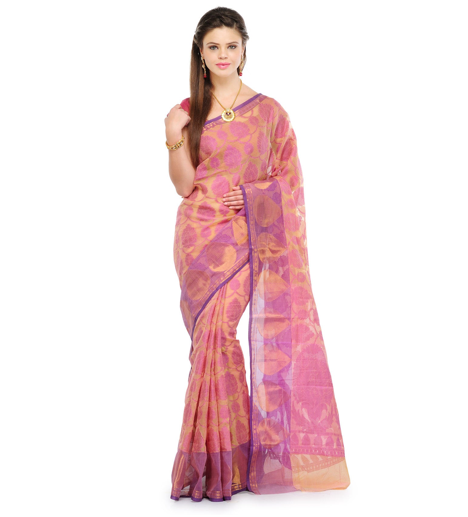 Peach Kota Cotton Banarasi Saree