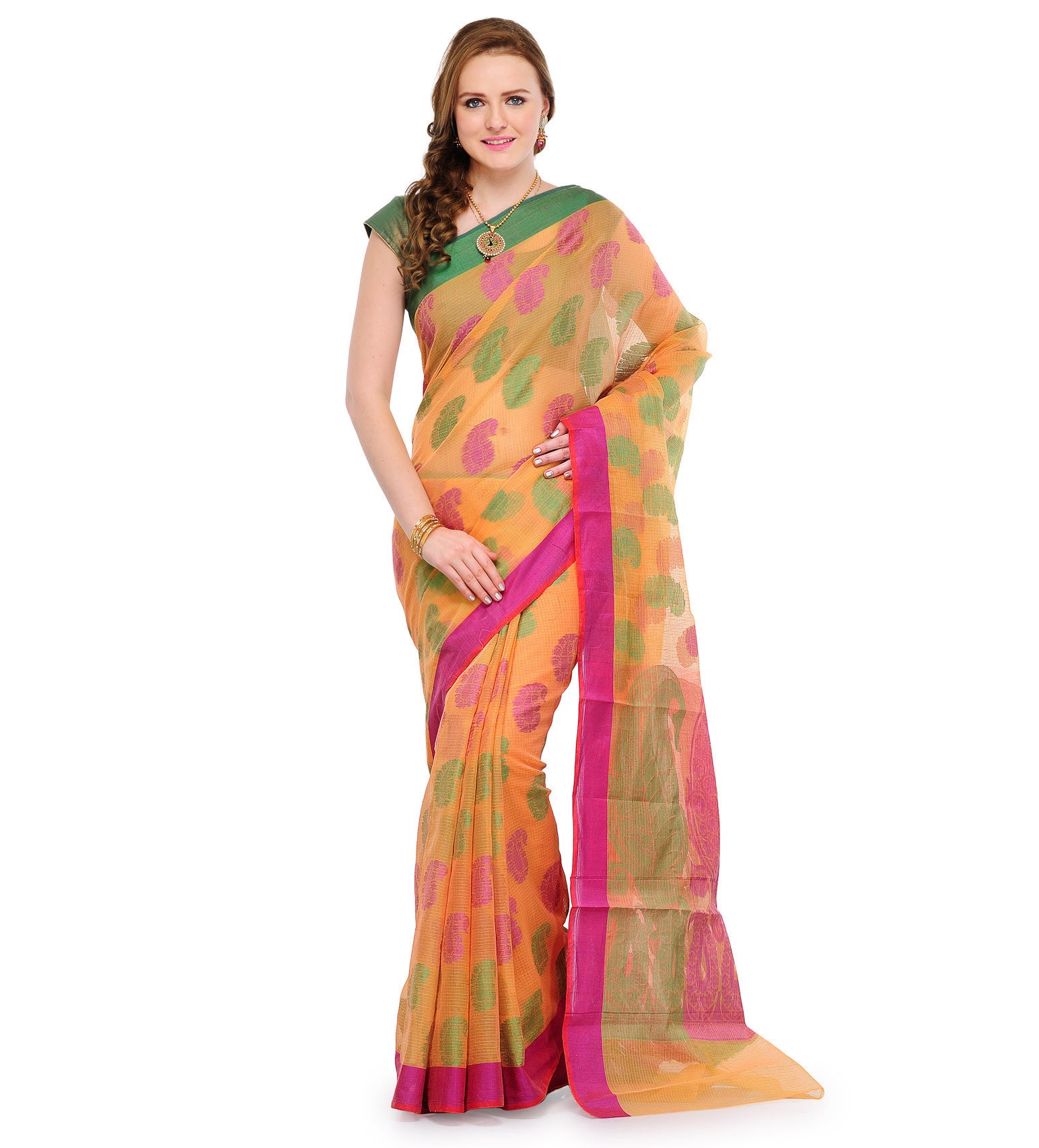 Peach Kota Cotton Banarasi Saree