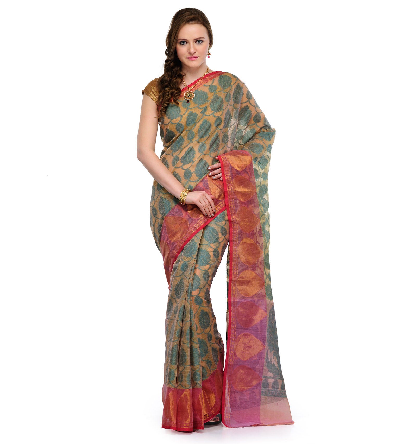 Light Peach Kota Cotton Banarasi Saree