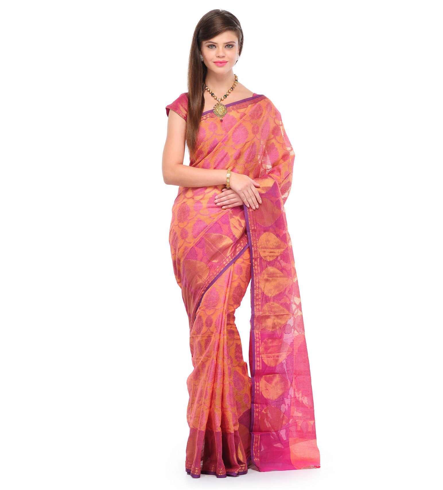 Peach Kota Cotton Banarasi Saree