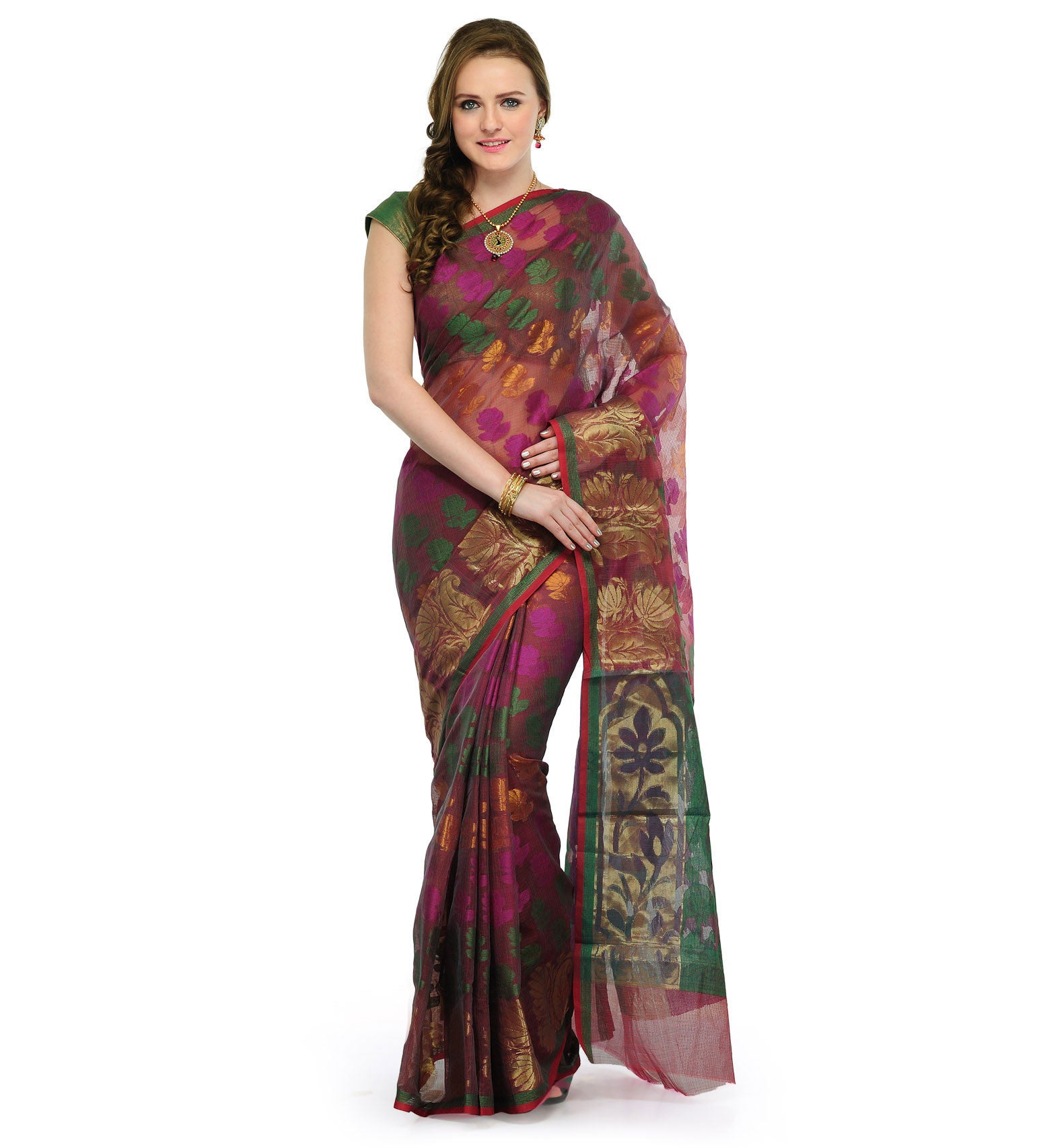 Brown Kota Cotton Banarasi Saree