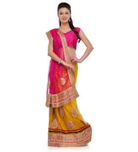 Magenta and Mustard Net Lehenga Saree