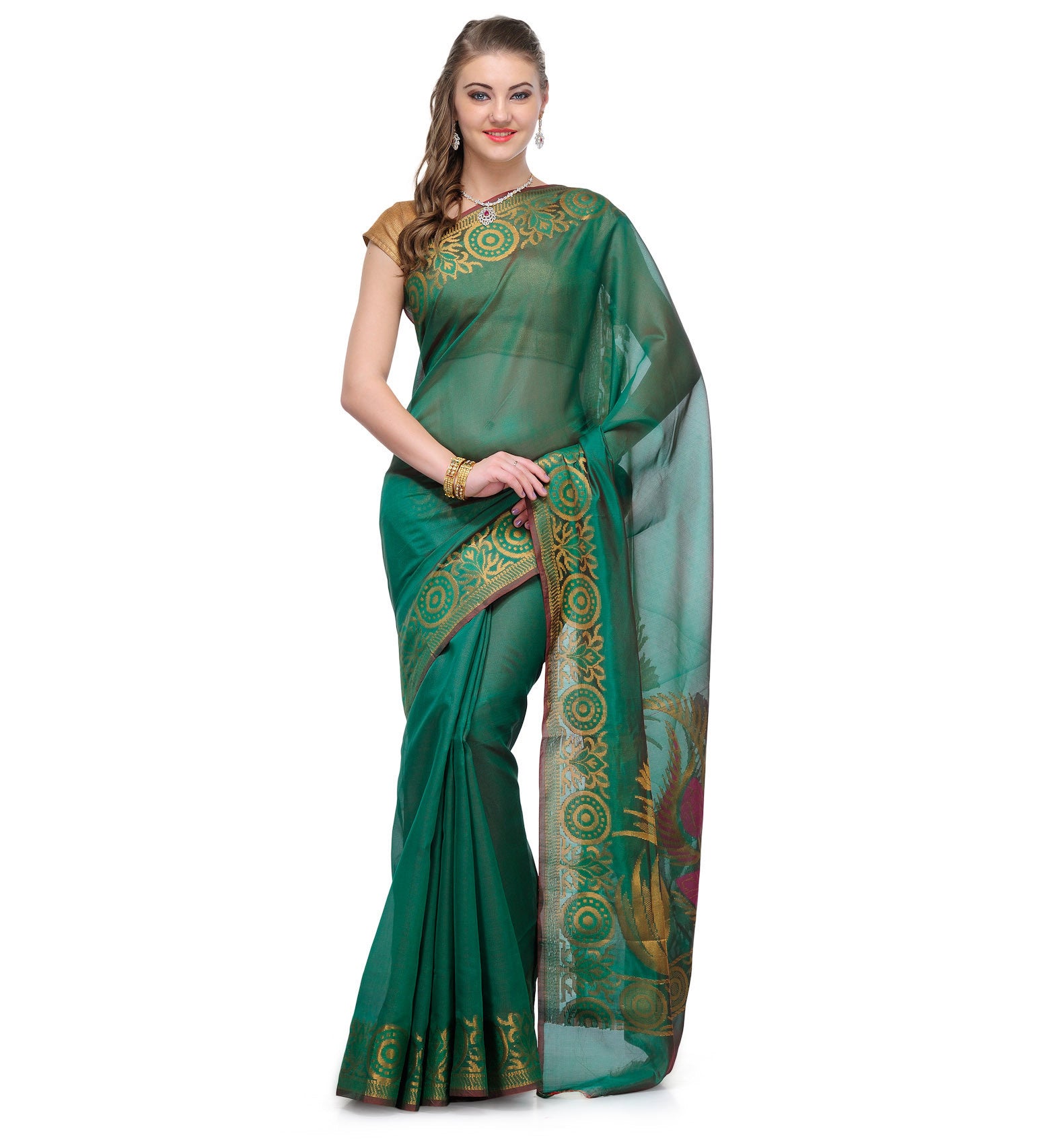 Green Chanderi Cotton Banarasi Saree