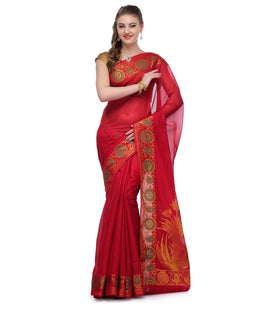 Red Chanderi Cotton Banarasi Saree