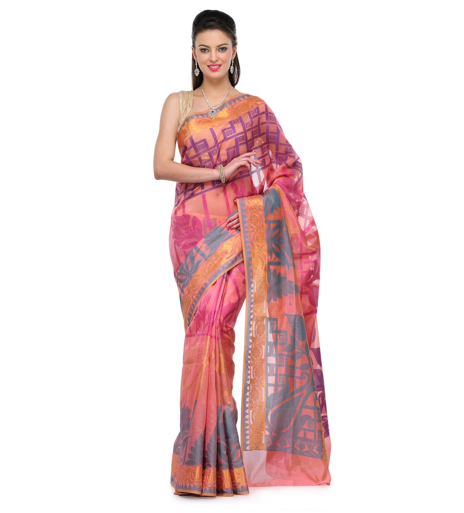 Pink (Coral) Supernet Banarasi Saree