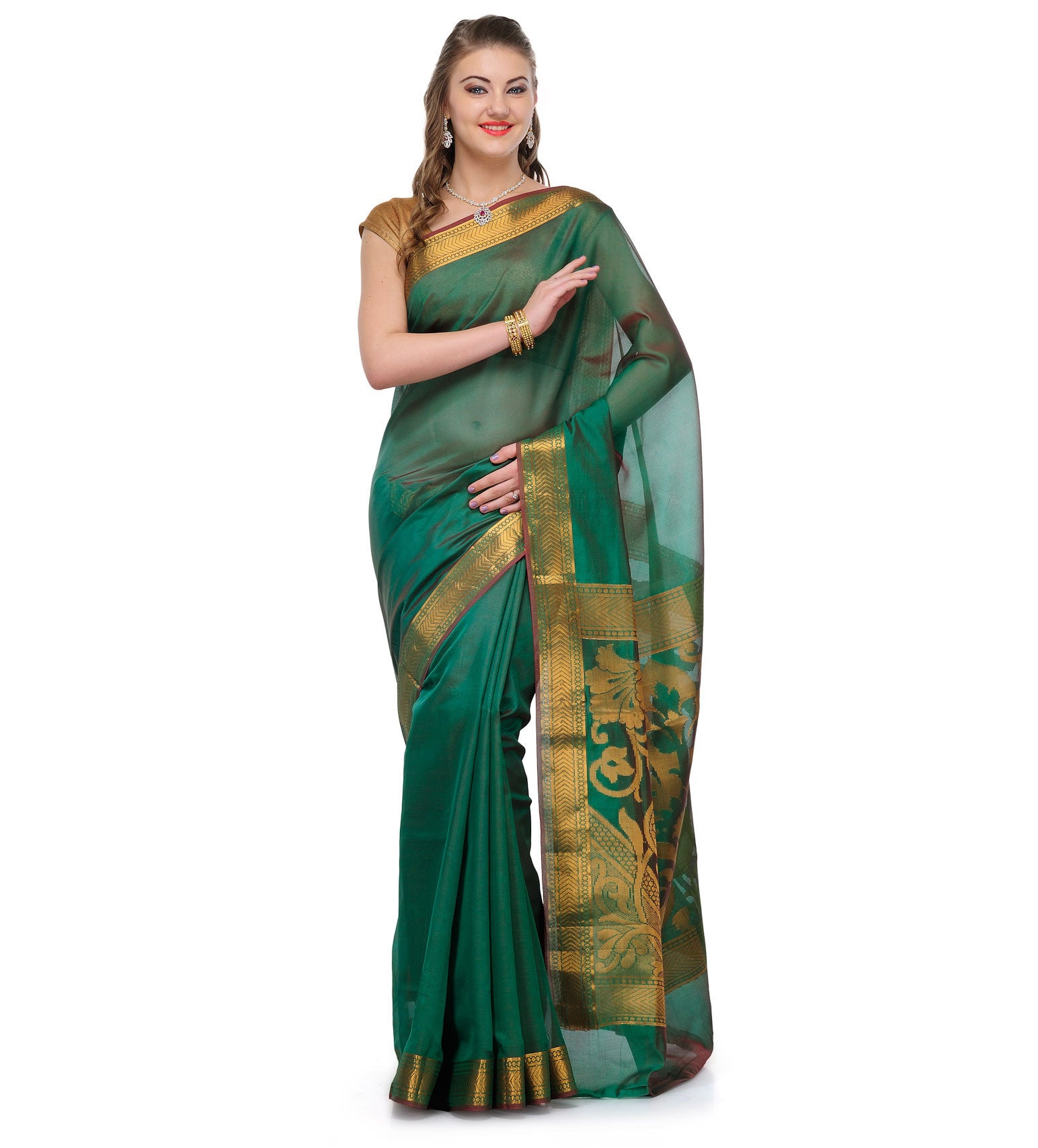 Green Chanderi Cotton Banarasi Saree