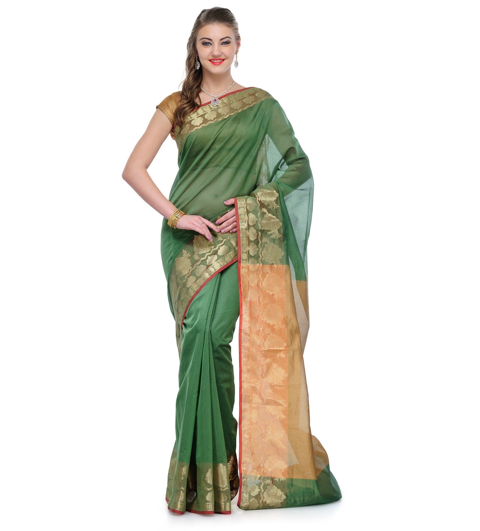 Green Chanderi Cotton Banarasi Saree