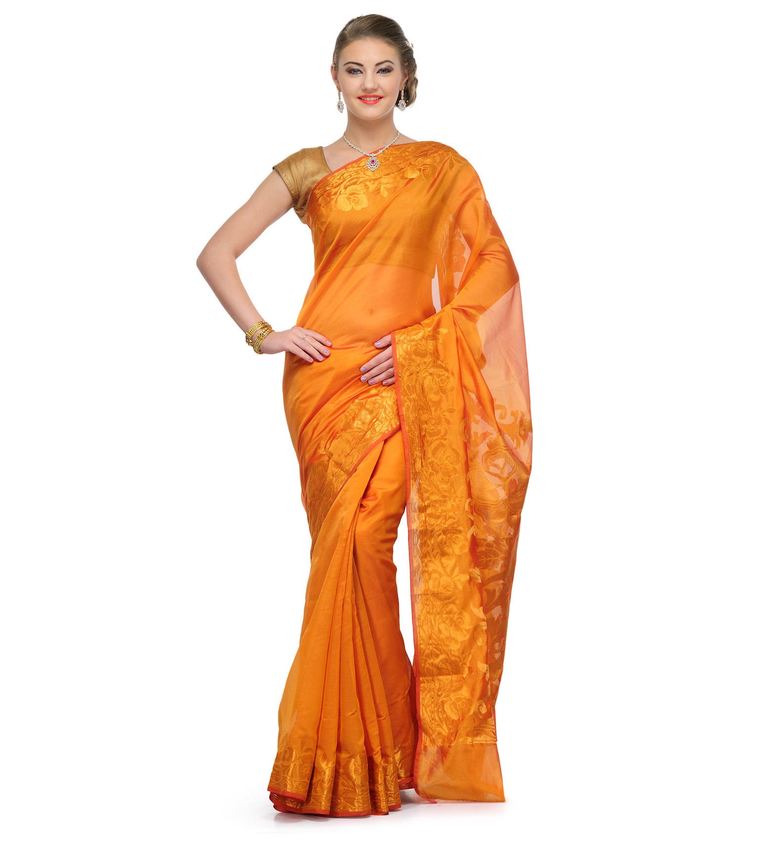 Orange Chanderi Cotton Banarasi Saree