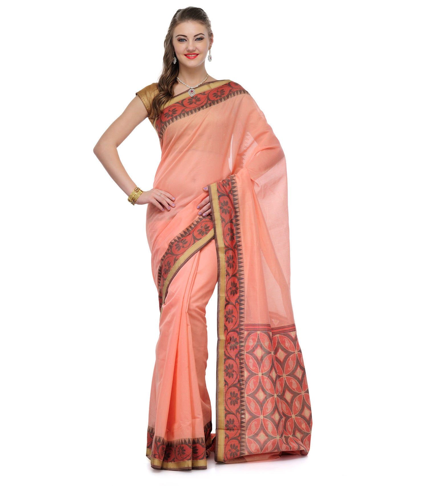 Peach Chanderi Cotton Banarasi Saree