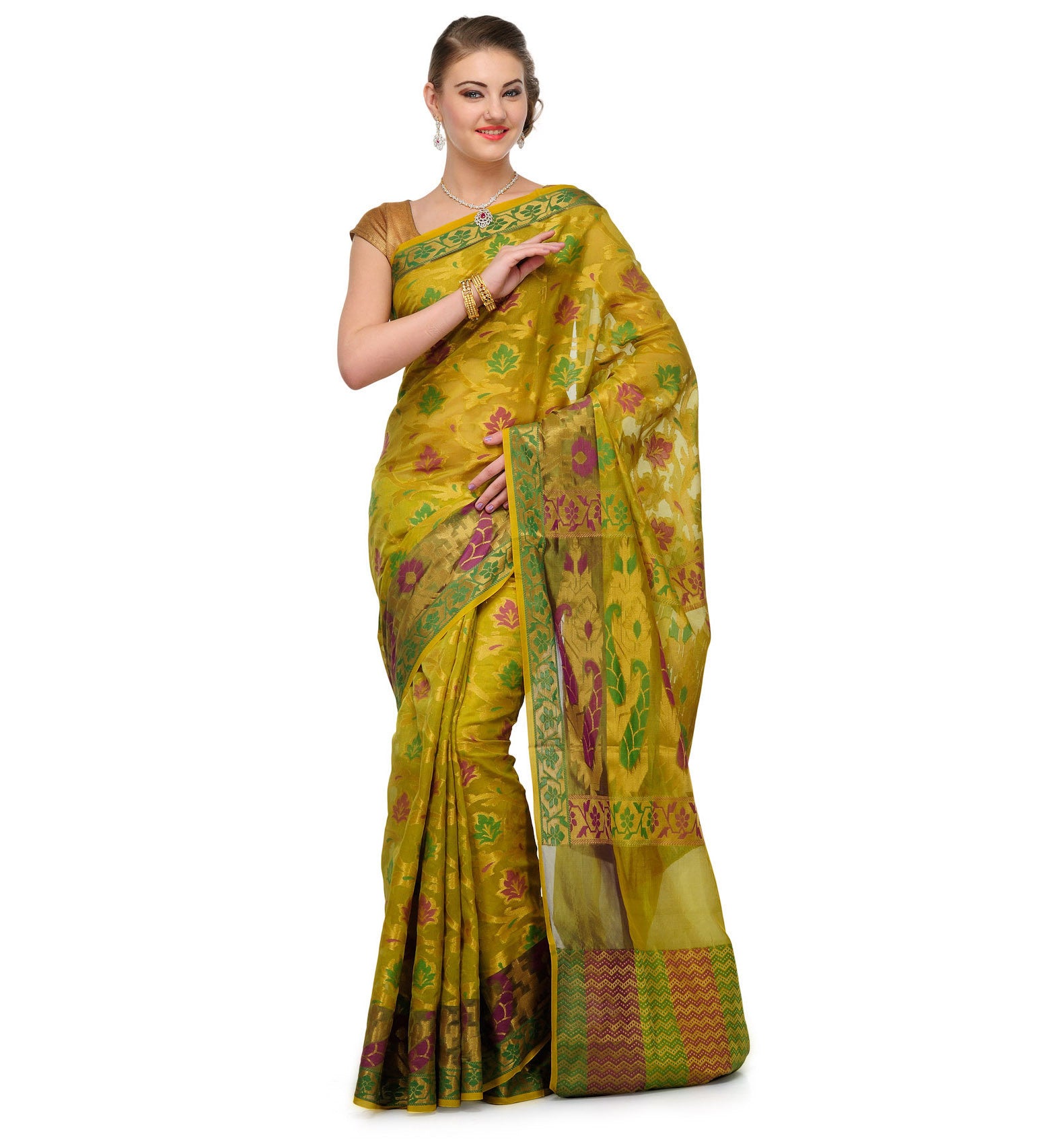 Olive Chanderi Cotton Banarasi Saree