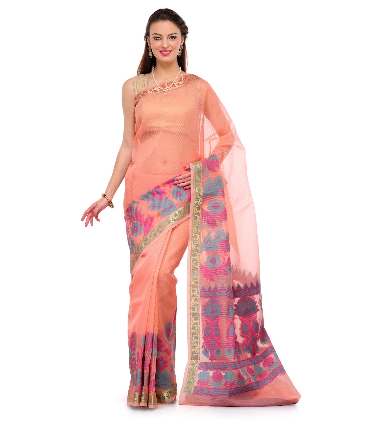 Peach Supernet Banarasi Saree