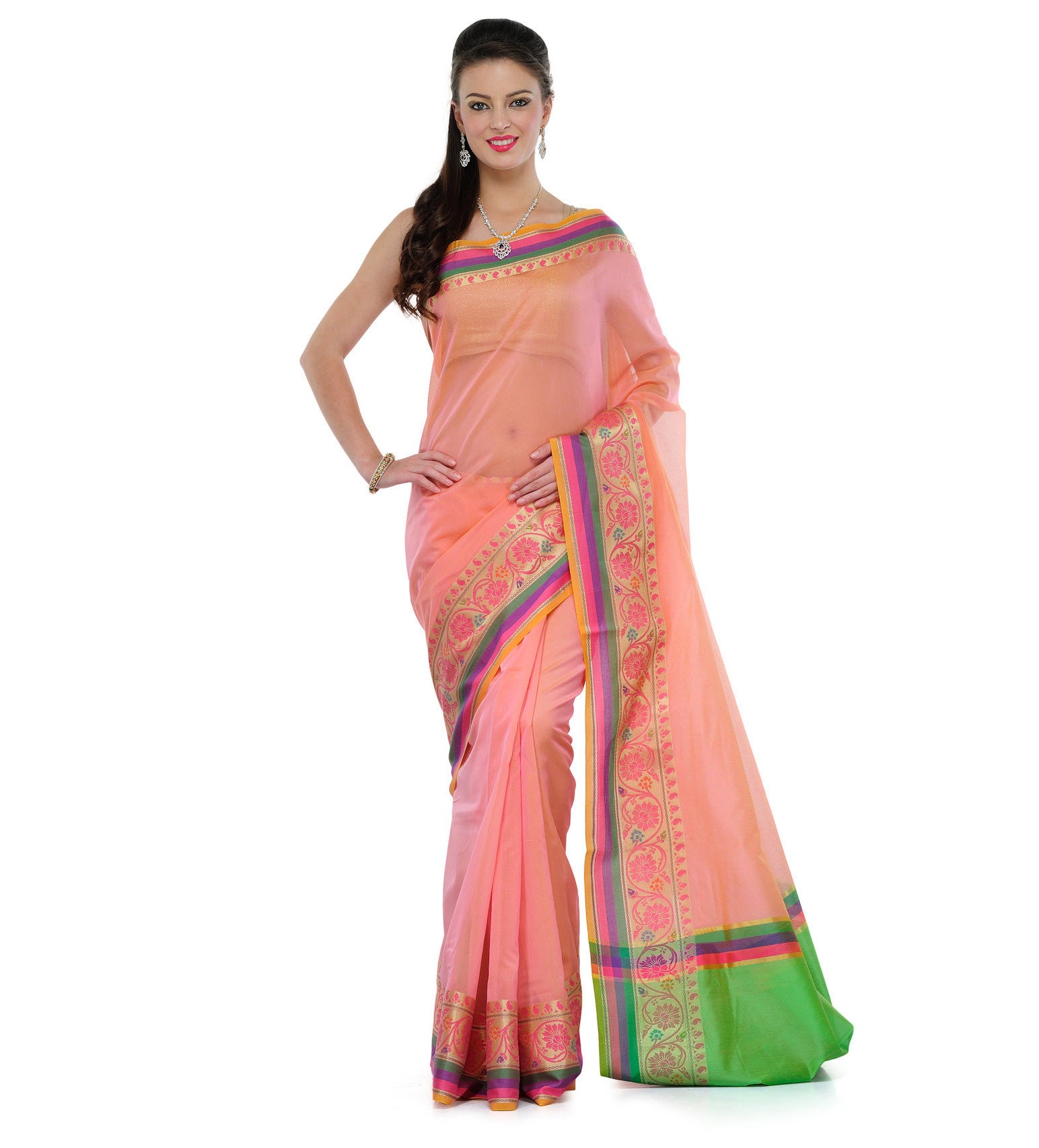 Pink (Coral) Supernet Banarasi Saree