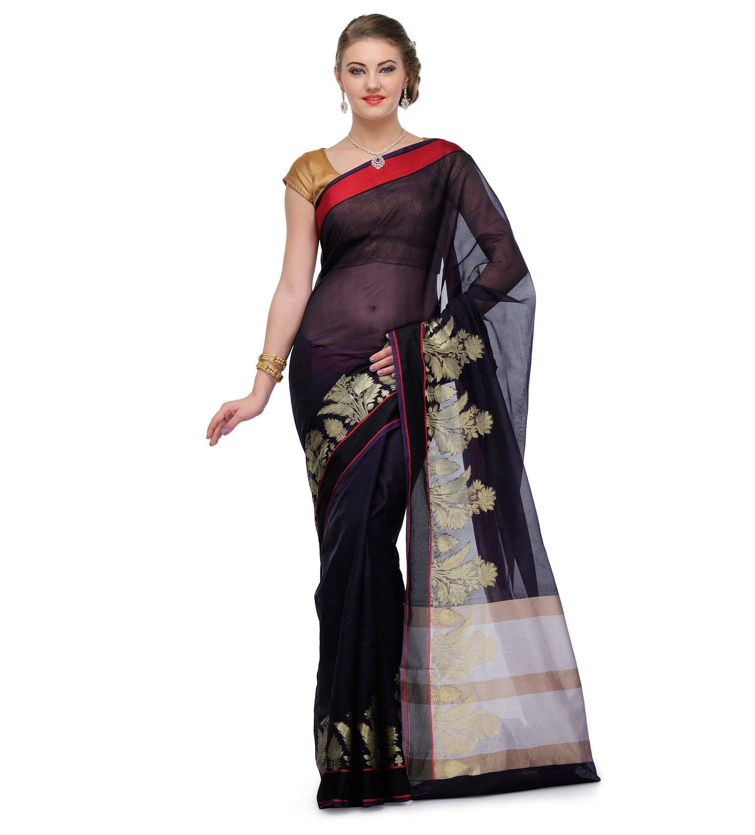 Navy Blue Chanderi Cotton Banarasi Saree