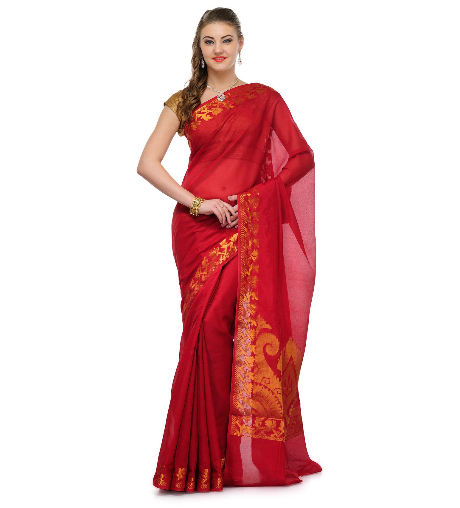 Red Chanderi Cotton Banarasi Saree