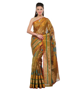 Olive Chanderi Cotton Banarasi Saree