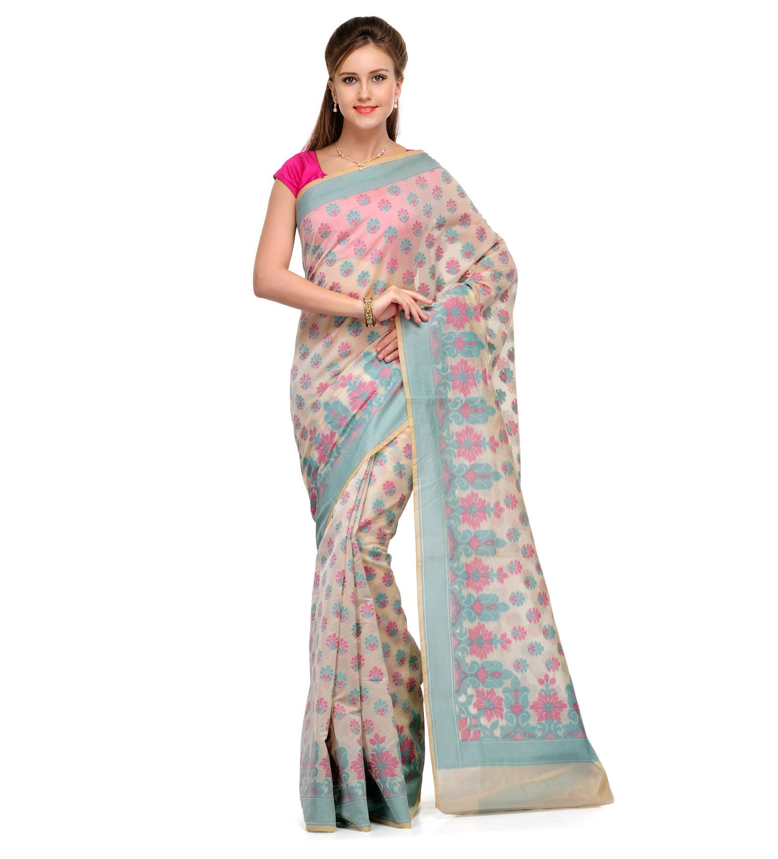 Beige Chanderi Cotton Banarasi Saree