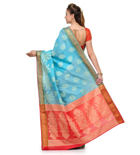 Sky Blue Chanderi Cotton Banarasi Saree