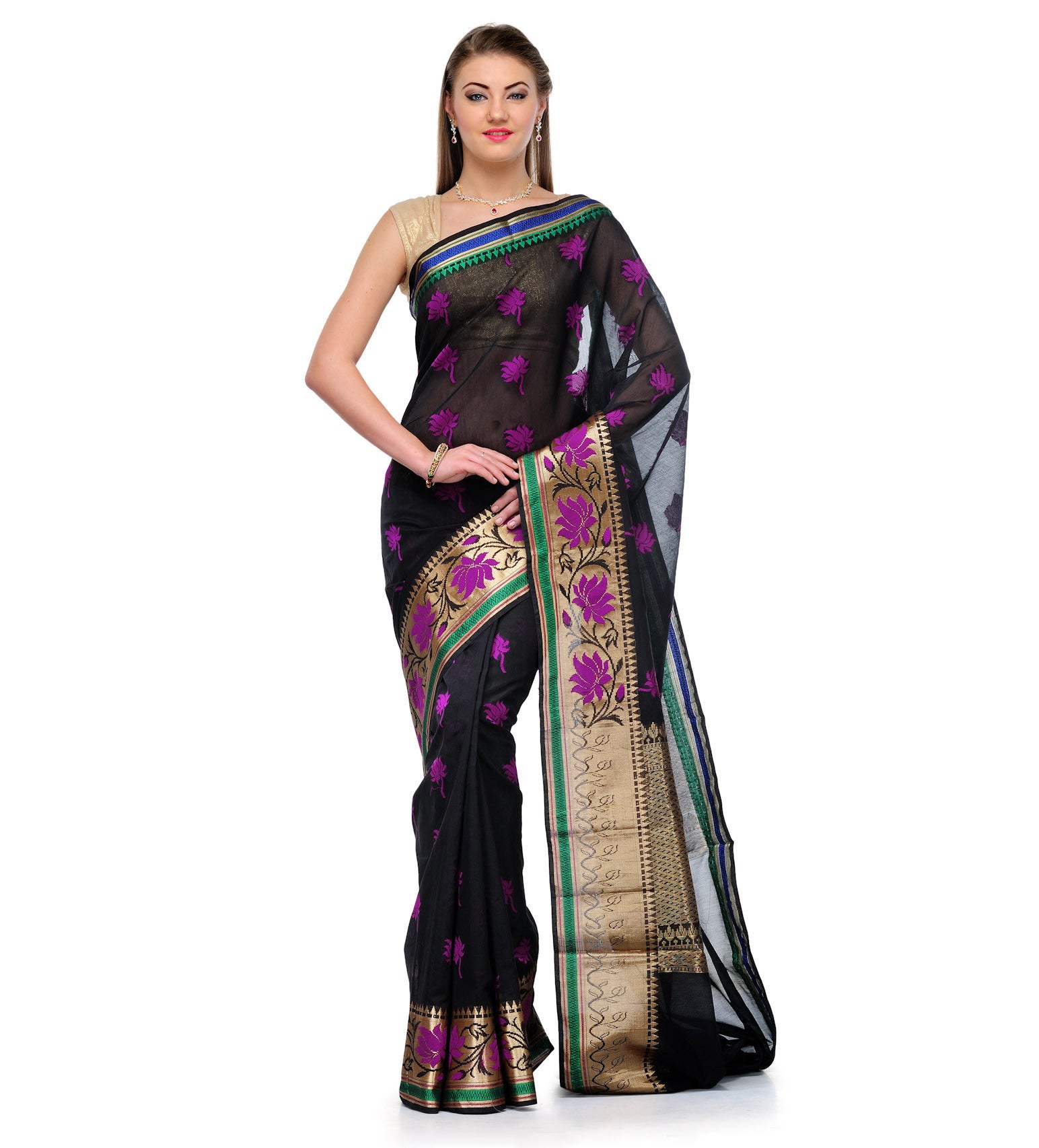 Black Chanderi Cotton Banarasi Saree