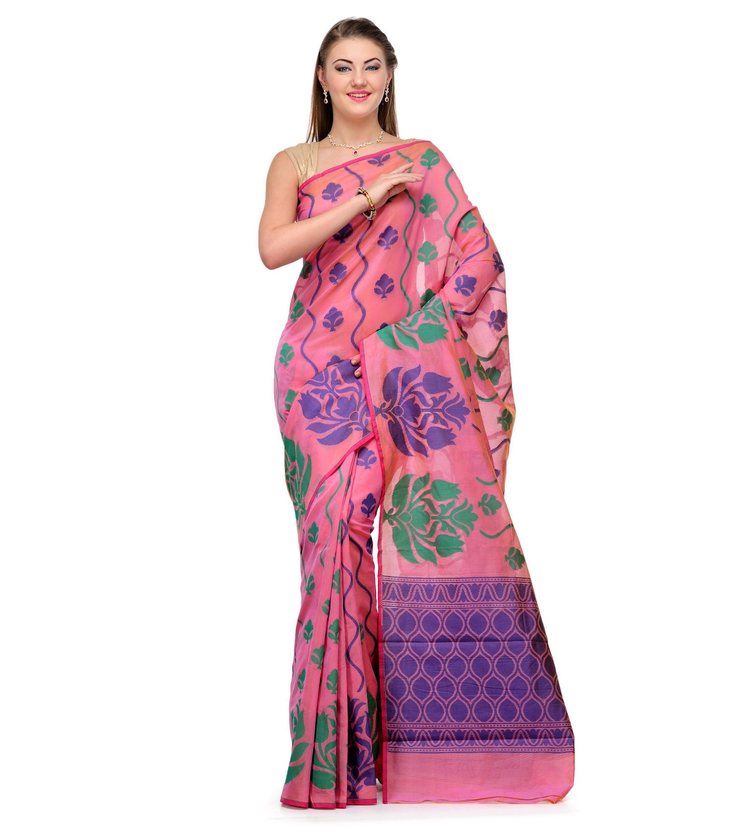 Peach Chanderi Cotton Banarasi Saree