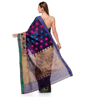 Navy Blue Chanderi Cotton Banarasi Saree