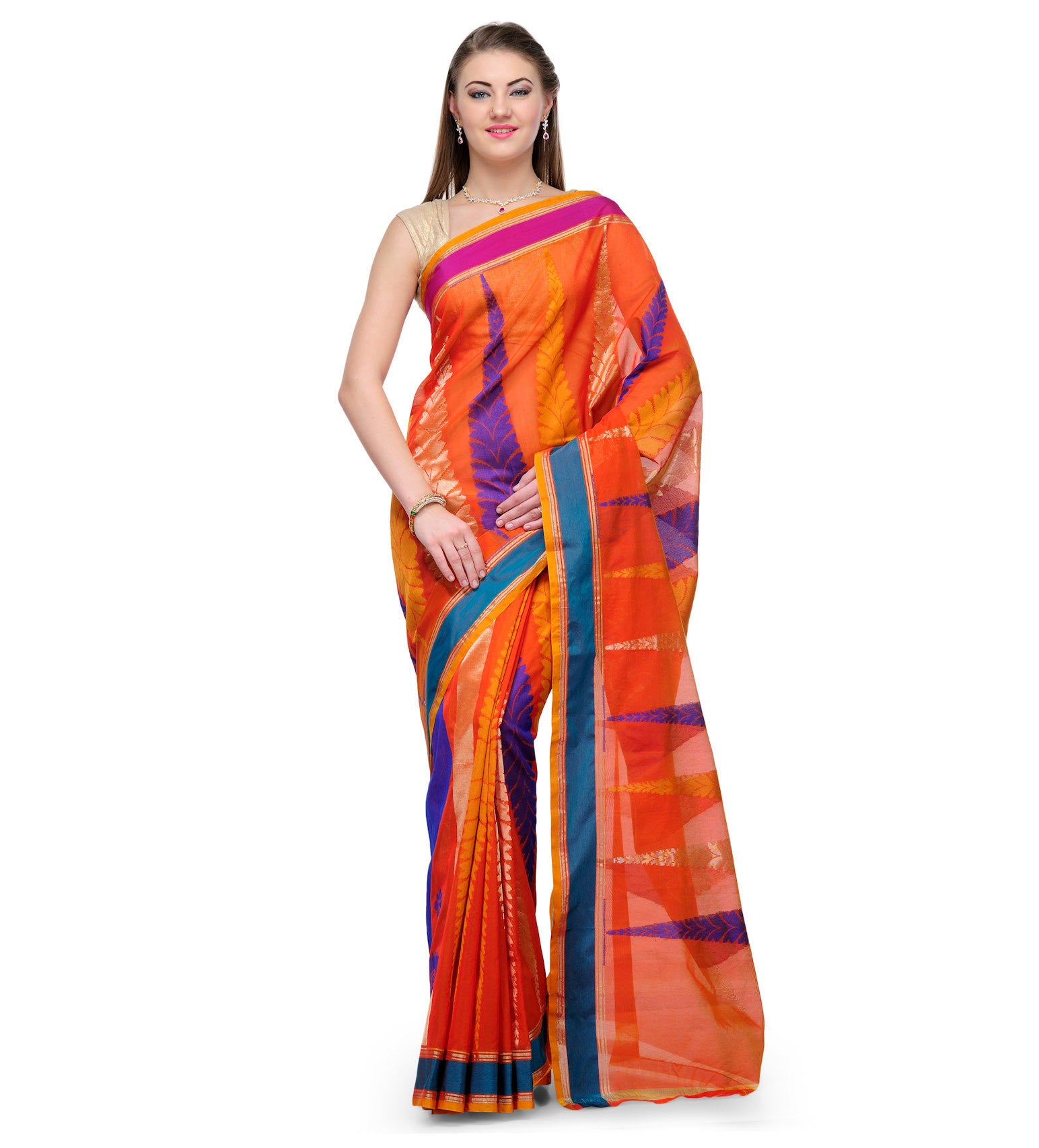 Rust Chanderi Cotton Banarasi Saree