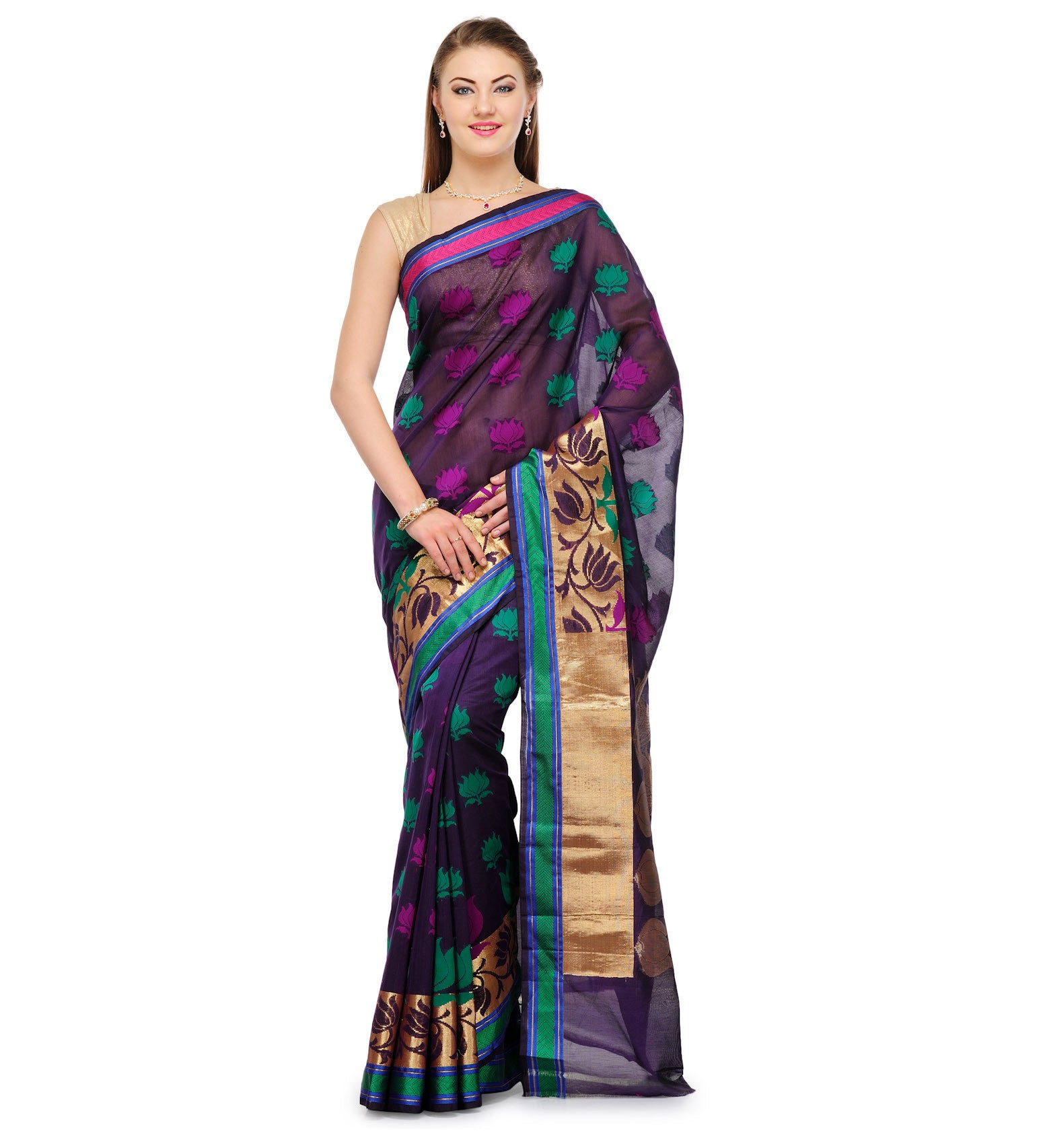 Navy Blue Chanderi Cotton Banarasi Saree