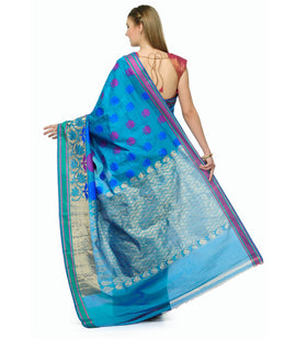 Navy Blue Chanderi Cotton Banarasi Saree