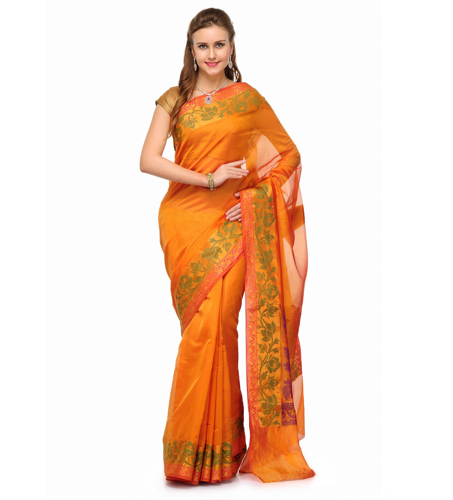 Orange Chanderi Cotton Banarasi Saree