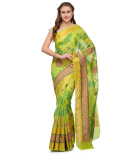 Parrot Green Chanderi Cotton Banarasi Saree