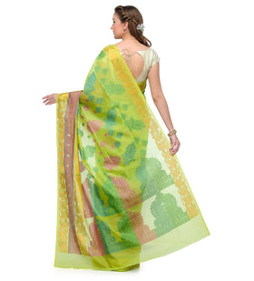 Parrot Green Chanderi Cotton Banarasi Saree