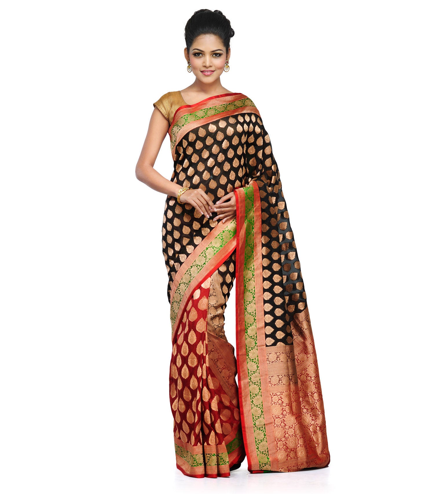 Black and Maroon Silk Georgette Half Half Banarasi Saree