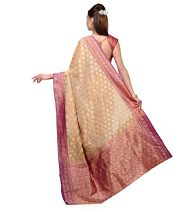 Beige and Purple Silk Georgette Half Half Banarasi Saree