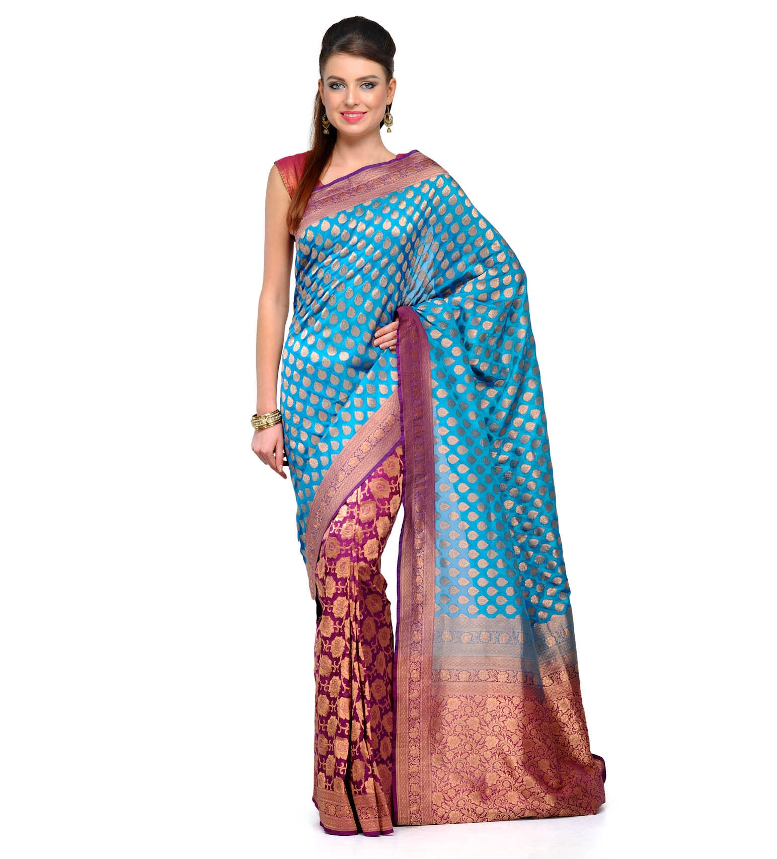 Dark Turquoise and Purple Silk Georgette Half Half Banarasi Saree