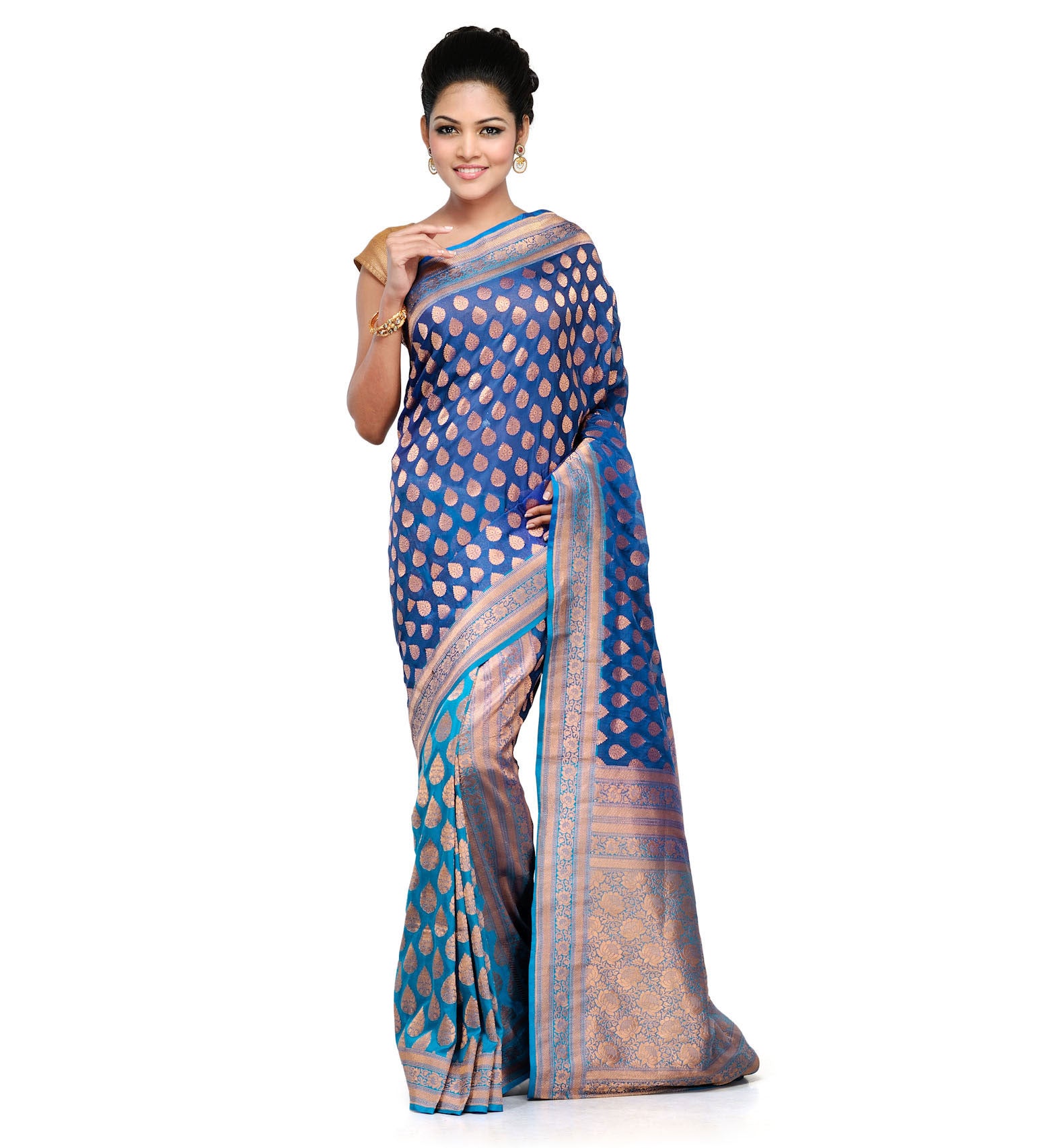 Navy Blue and Dark Turquoise Silk Georgette Half Half Banarasi Saree