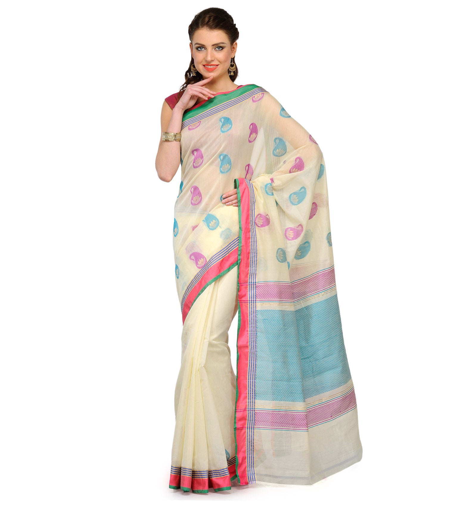 Cream Chanderi Cotton Banarasi Saree