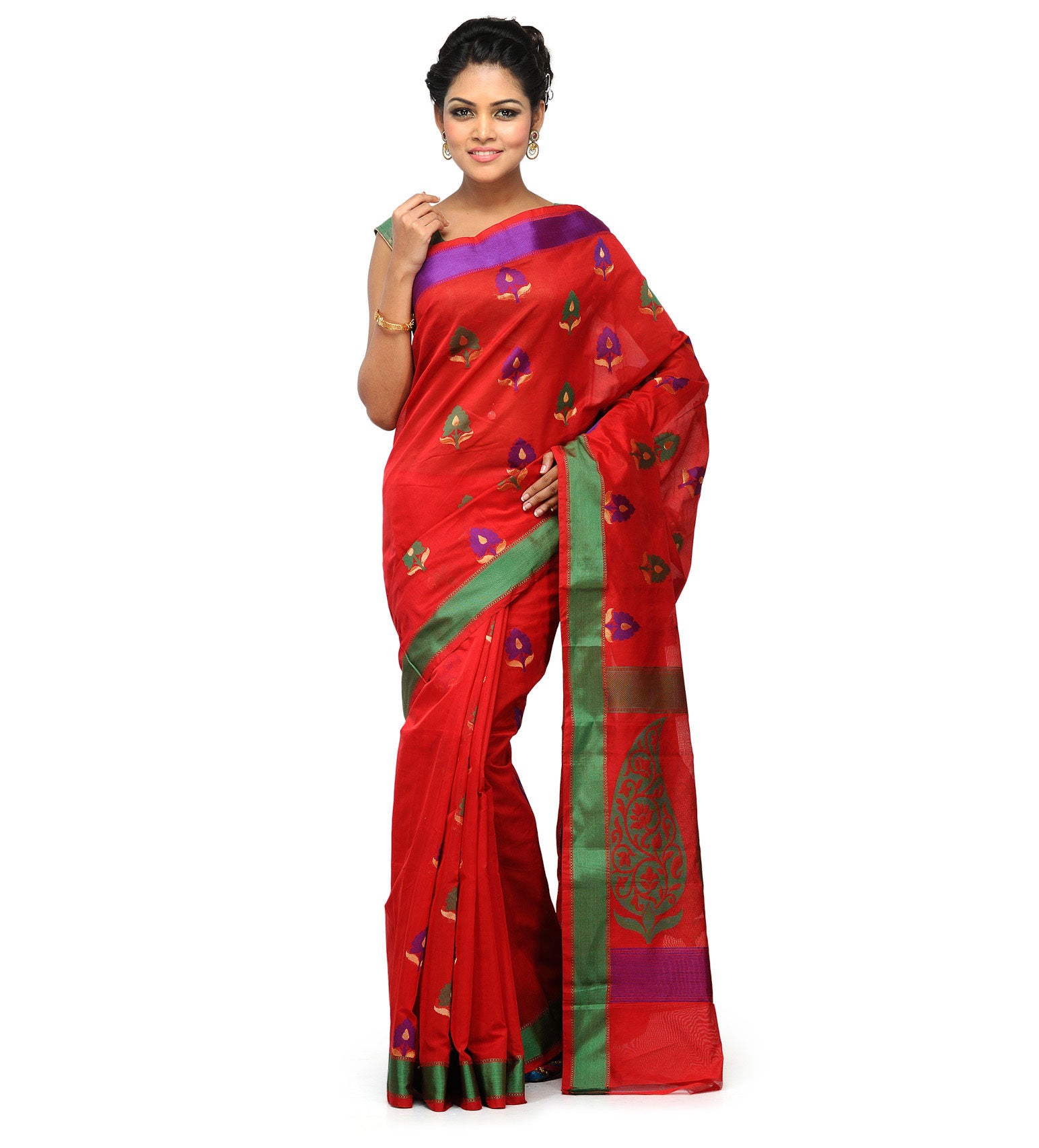 Red Chanderi Cotton Banarasi Saree