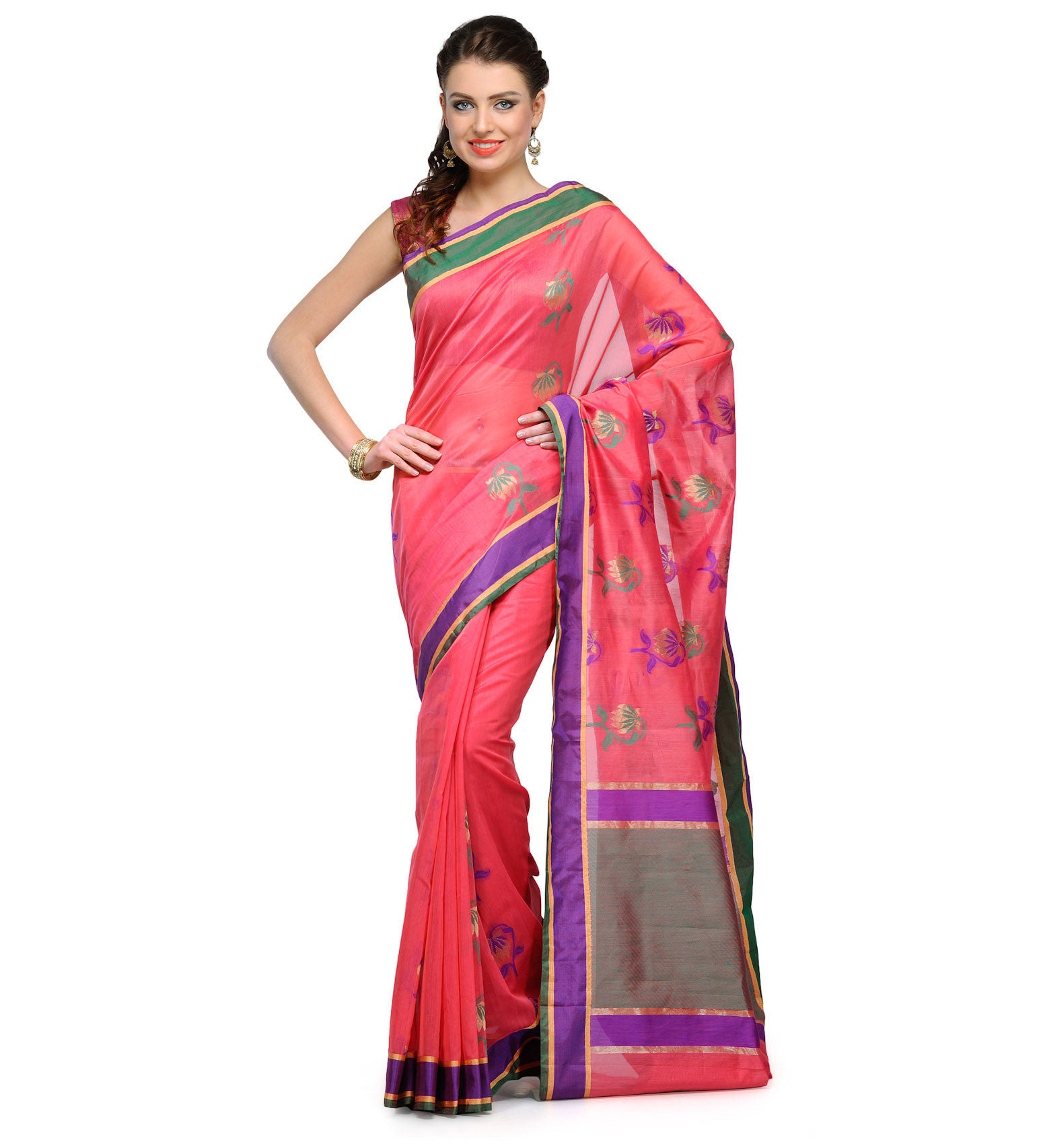 Hot Pink Chanderi Cotton Banarasi Saree