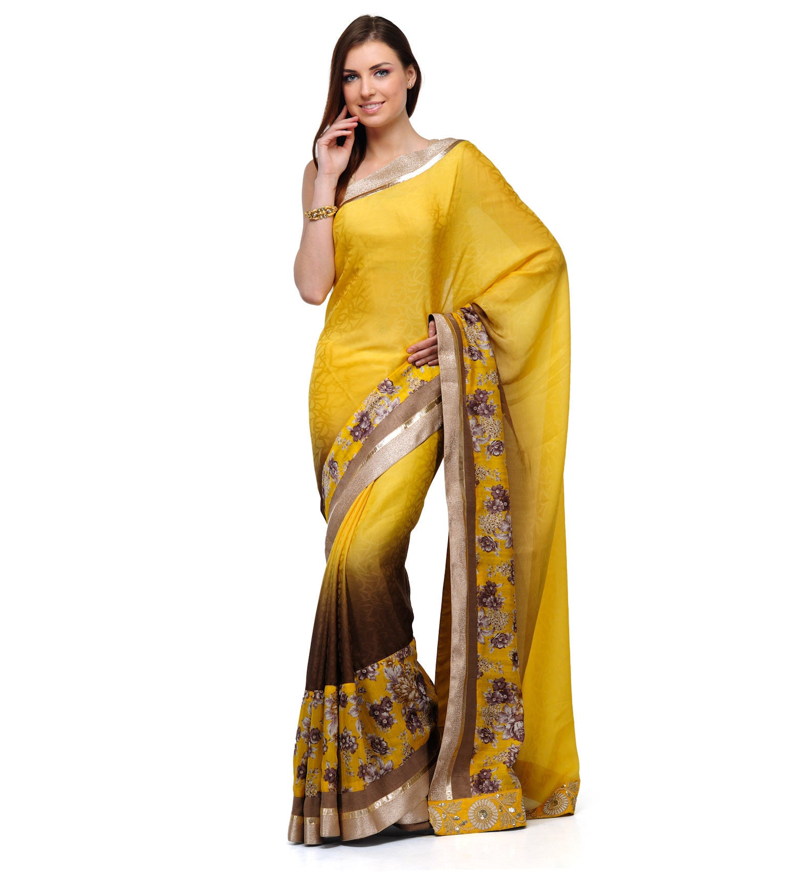 Yellow Semi Crepe & Bhagalpuri Silk Half Half Saree