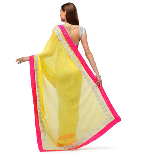 Yellow and Off White Faux Chiffon Half & Half Saree