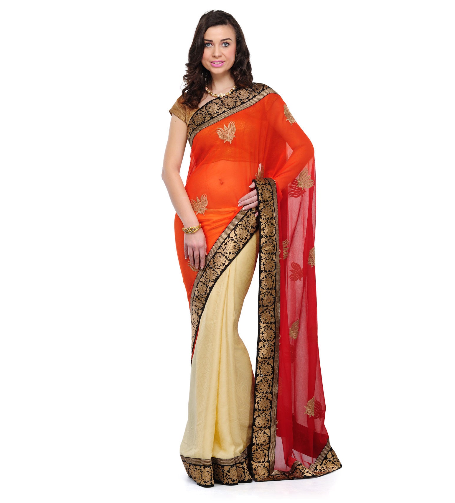 Maroon & Beige Faux Chiffon & Faux Crepe Half Half Saree