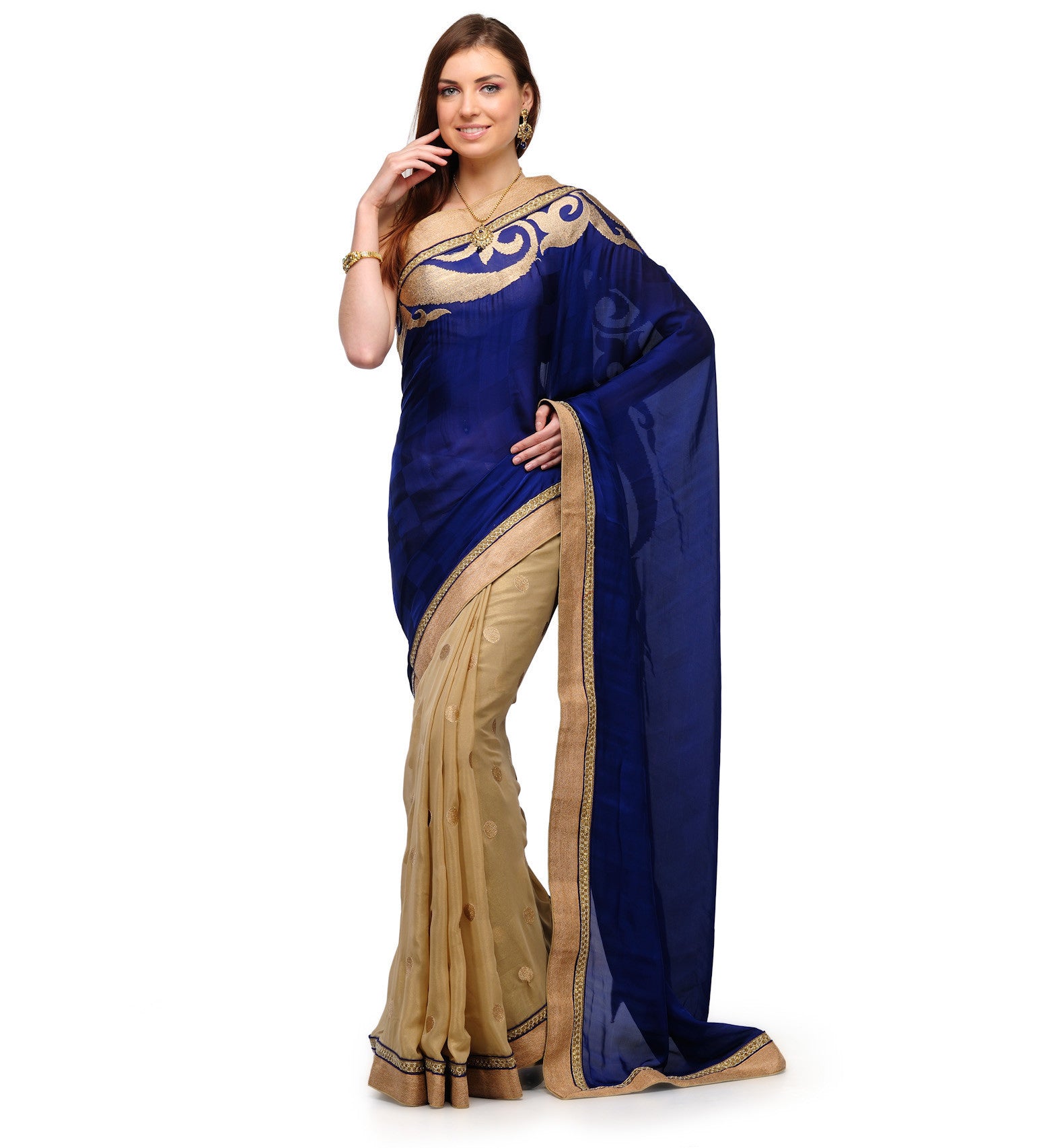 Royal Blue & Beige Faux Crepe & Georgette Half Half Saree